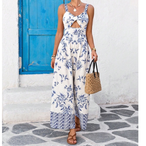 Boho Floral Tropical Print Shirred Wide Leg Cami Jumpsuit - Picture 2 of 6